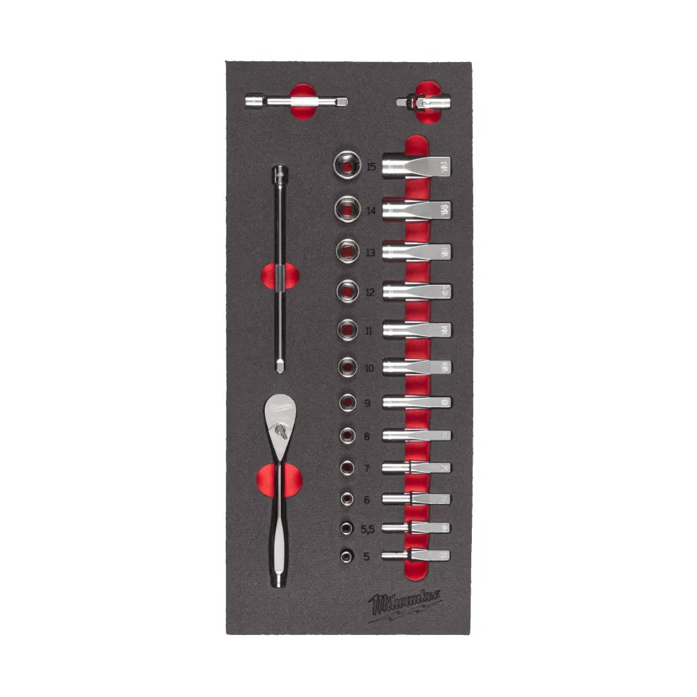 Milwaukee Zestaw grzechotek i nasadek 1/4" z wkładką piankową Zestaw grzechotek i nasadek 1/4" z wkładką piankową 4932479824