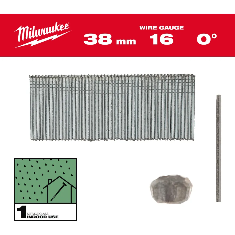 Milwaukee Gwoździe wykończeniowe 16G II proste 16G / 0° / 38mm / G / SC1 - 2.500 szt. 4932498314