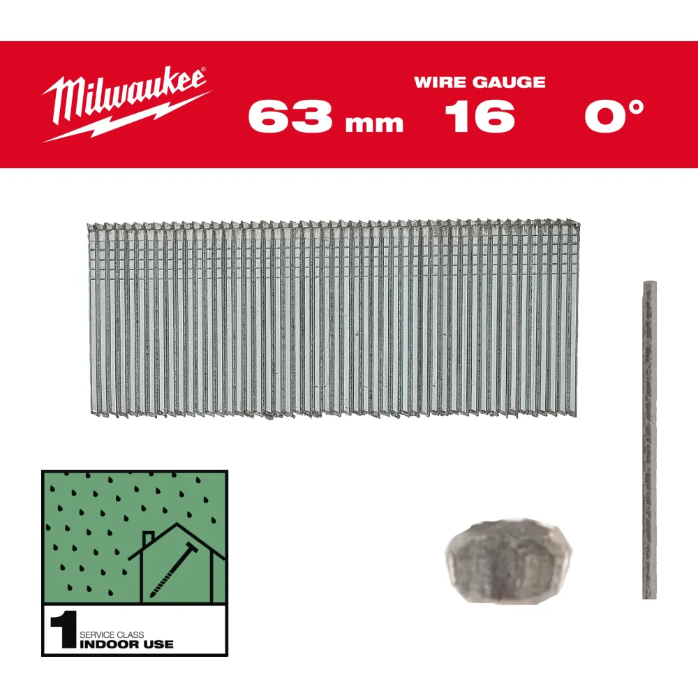 Milwaukee Gwoździe wykończeniowe 16G II proste 16G / 0° / 63mm / G / SC1 - 2.500 szt. 4932498317