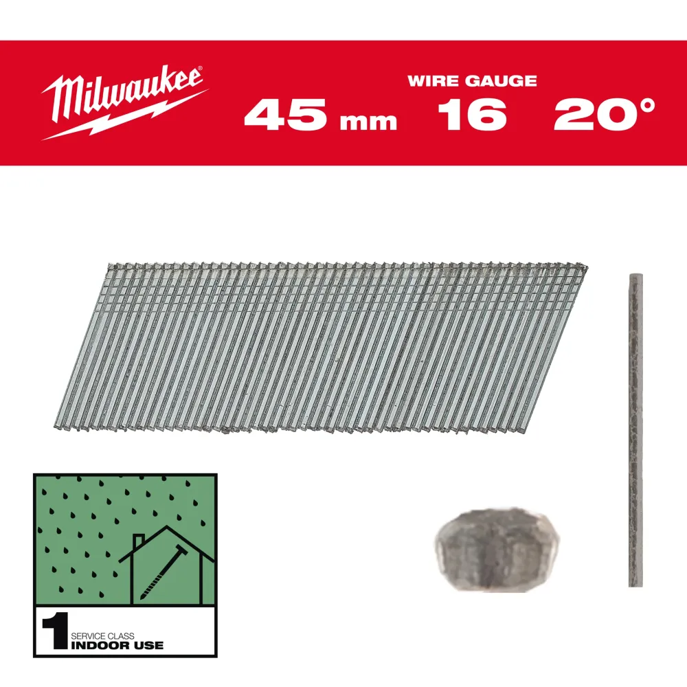 Milwaukee Gwoździe wykończeniowe 16G II kątowe 16G / 20° / 45 mm / G / SC1 - 2,000 szt. 4932492584