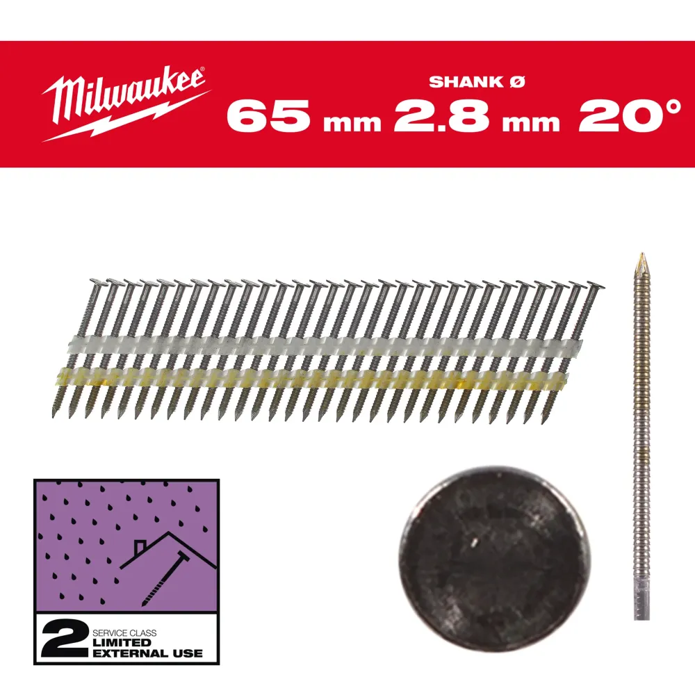 Milwaukee Gwoździe do ram 20° II 20° okrągła główka 65 mm / RS / G / SC2 - 2,000 szt. 4932492591