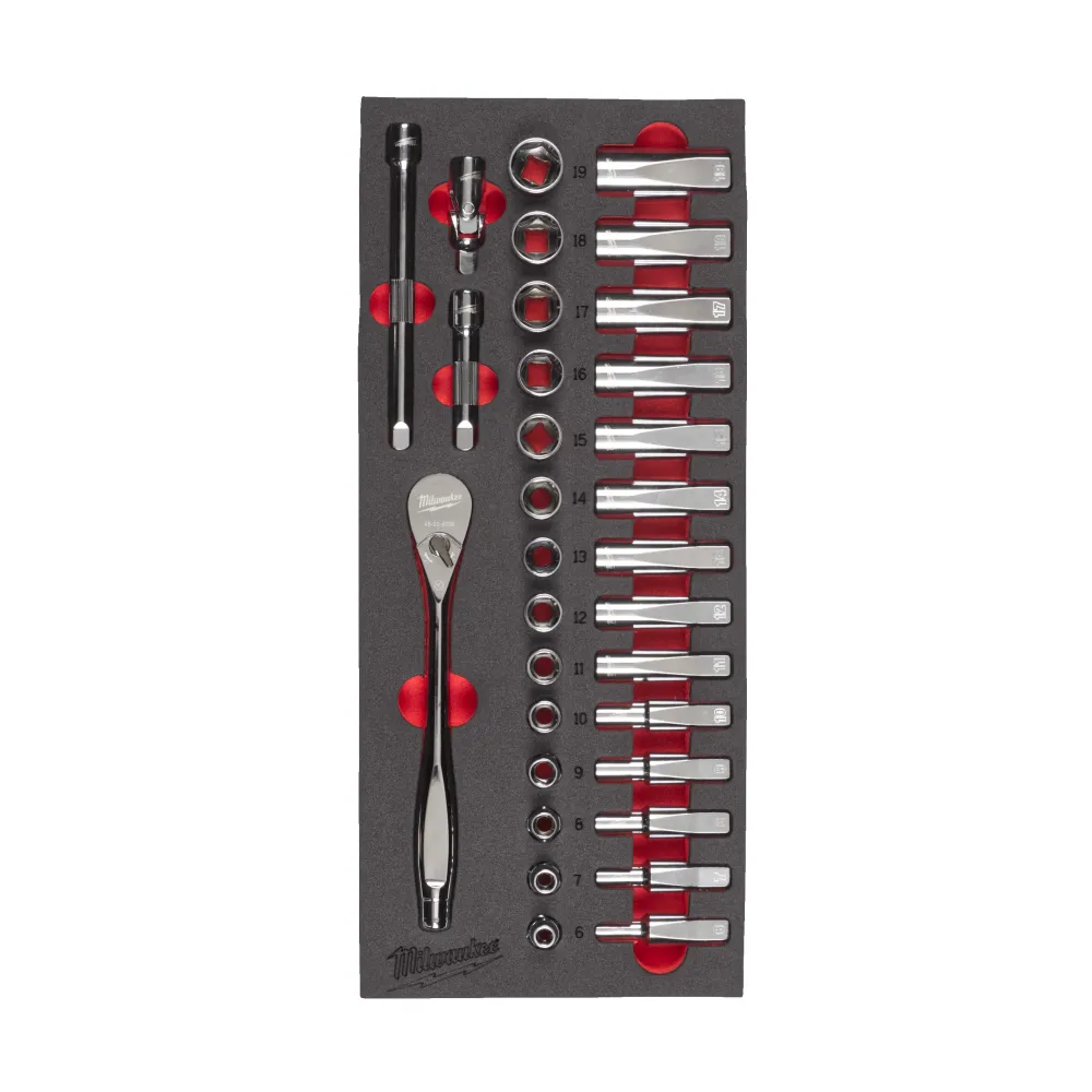 Milwaukee Zestaw grzechotek i nasadek 3/8" z wkładką piankową Zestaw grzechotek i nasadek 3/8" z wkładką piankową 4932479825