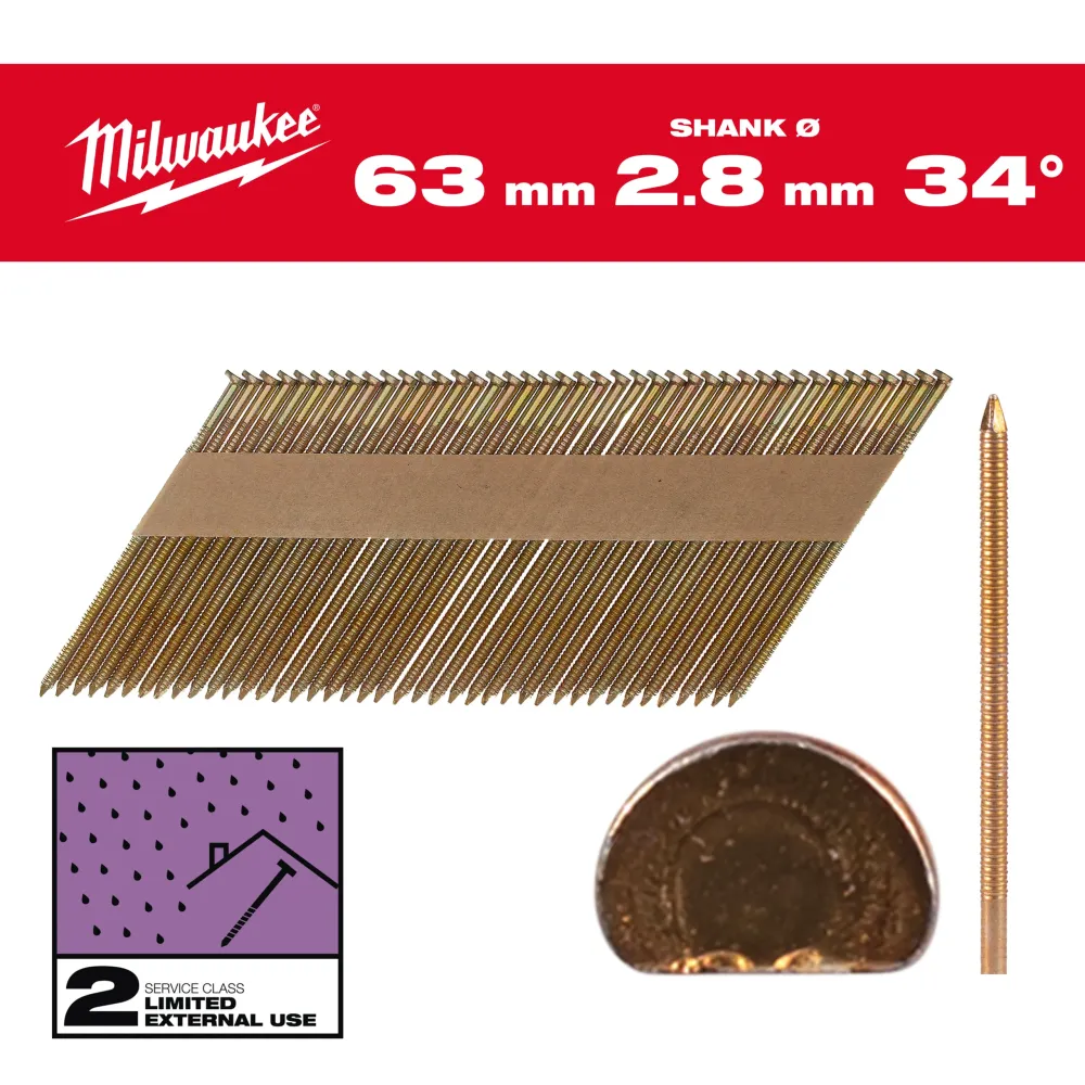 Milwaukee Gwoździe szkieletowe 34° II 34° D-Head 63 x 2,8 mm / RS / G / SC2 - 2,200 szt. 4932492607