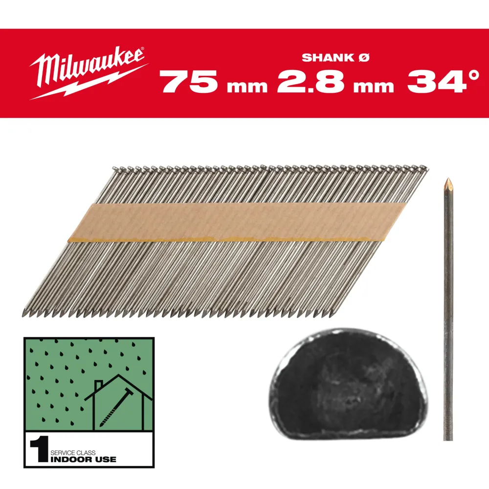 Milwaukee Gwoździe szkieletowe 34° II 34° D-Head 75 mm / SS / B / SC1 - 2,200 szt. 4932492597