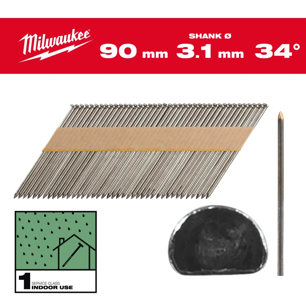 Milwaukee Gwoździe szkieletowe 34° II 34° D-Head 90 mm / SS / B / SC1 - 2,200 szt. 4932492598