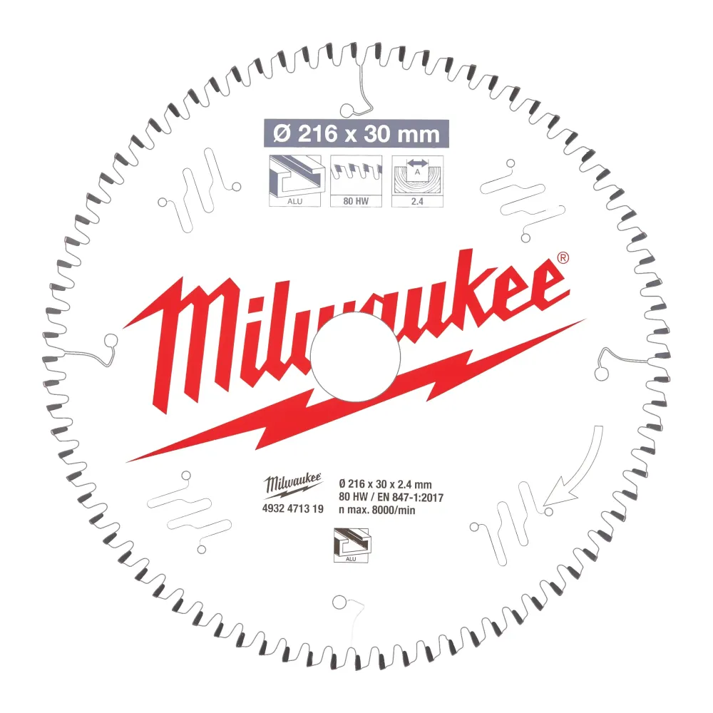Milwaukee Tarcze tnące do pił ukosowych Gen II CSB MS Alu216 x 30 x 2,4 x 80TF neg. 4932471319