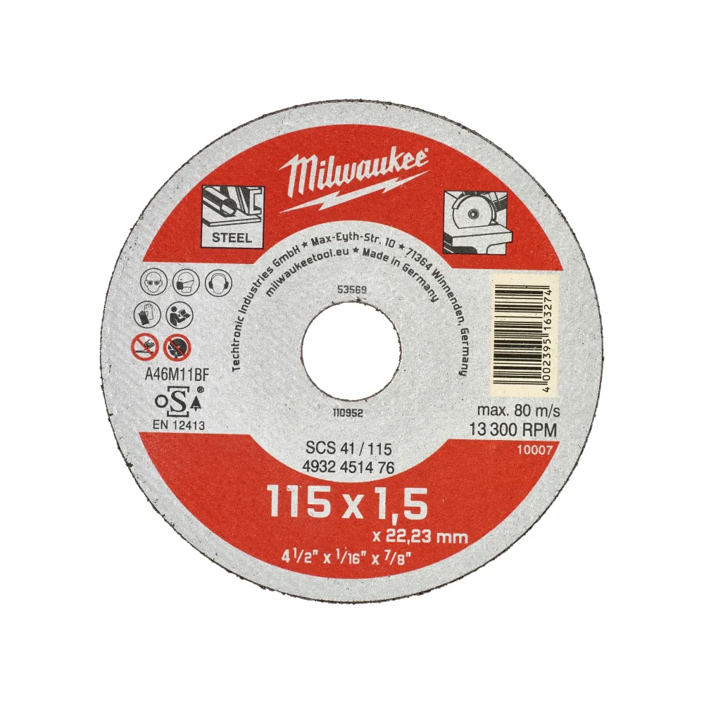 Milwaukee Tarcze tnące do metalu Thin - seria Contractor SCS 41 / 115 x 1,5 x 22 mm Seria Contractor - 1 szt. 4932451476
